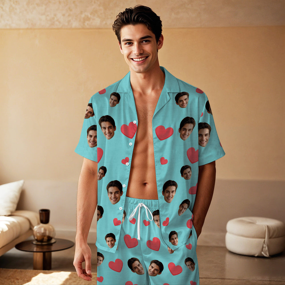 Custom Face Short Sleeve Pajamas Custom Red Heart Photo Pajamas