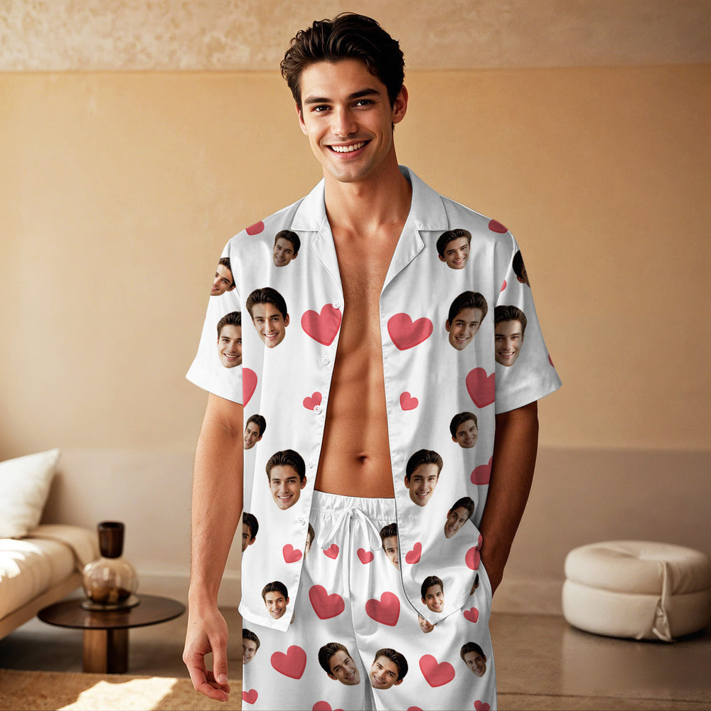 Custom Face Short Sleeve Pajamas Custom Red Heart Photo Pajamas