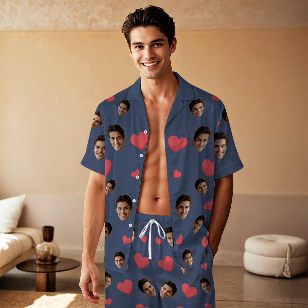 Custom Face Short Sleeve Pajamas Custom Red Heart Photo Pajamas