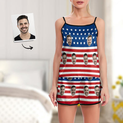 Custom Face Pajamas Suspender Sleepcoat Shorts Lingerie Set Summer Sleepwear - USA Flag - mysiliconefoodbag