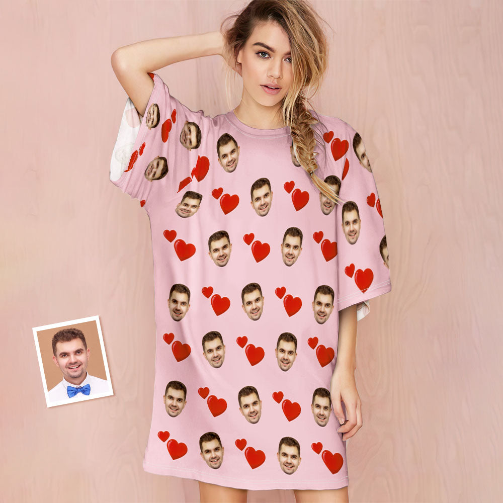 Custom Photo Face Nightdress Personalized Women's Oversized Nightshirt Heart Design Gifts