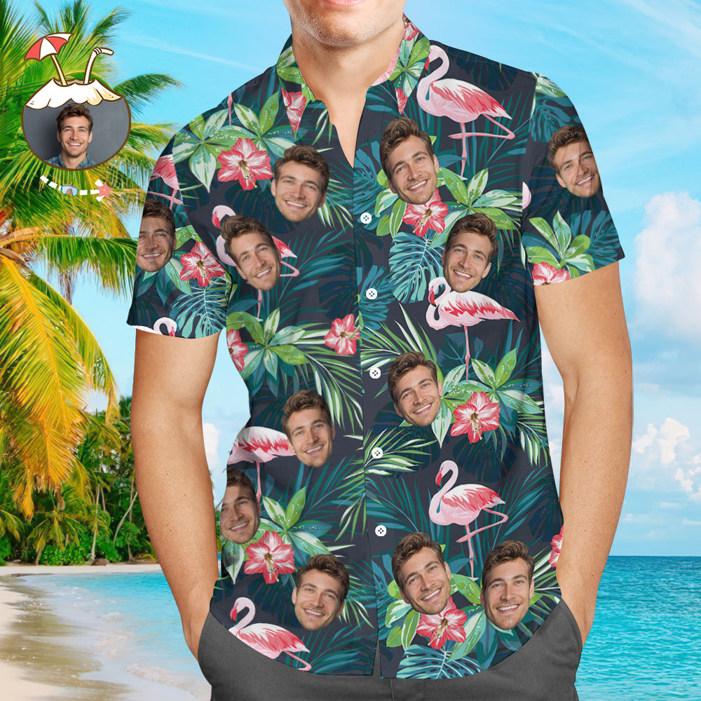 Face on Shirts Custom Hawaiian Shirt with Face Leaves & Flamingo Button Down Shirts