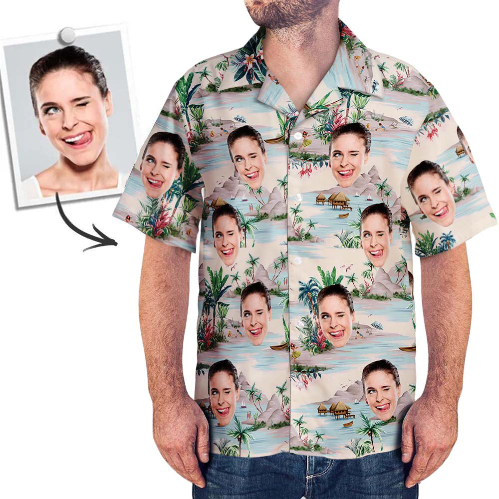 Personalized  Hawaiian Shirt With Faces  for Men Custom Face Hawaiian Shirt All Over Print With Landscape Pattern