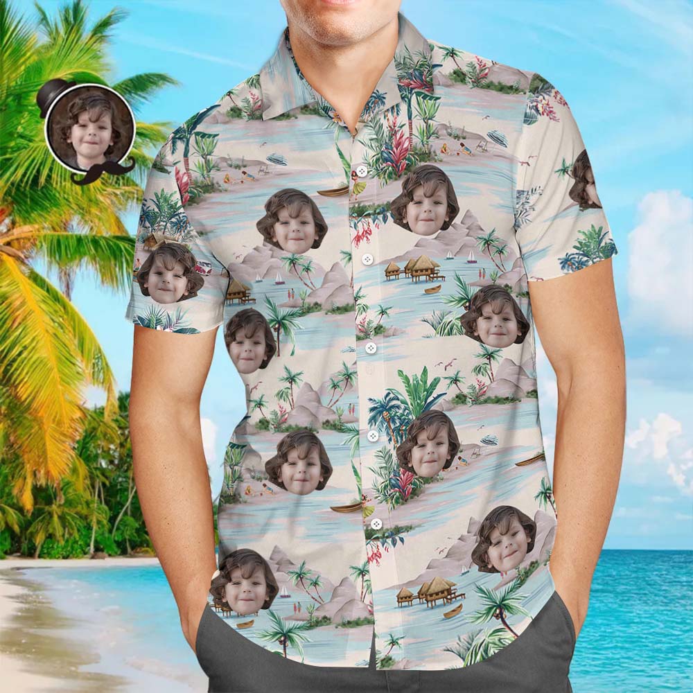 Personalized  Hawaiian Shirt With Faces  for Men Custom Face Hawaiian Shirt All Over Print With Landscape Pattern