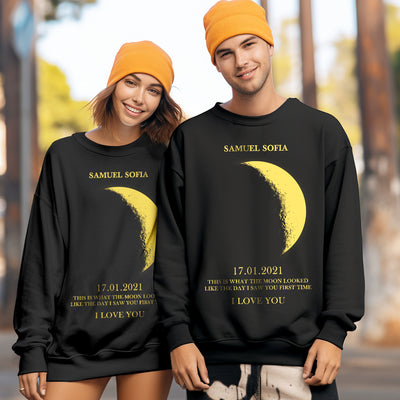 Custom Moon Phase Round Neck Unisex Sweatshirt Personalized Names Crewneck Sweatshirts Valentine's Day Gifts for Couple