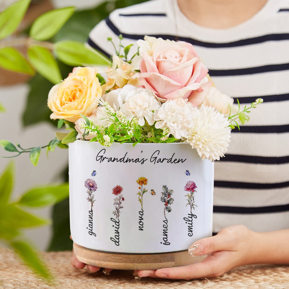 Mother's Day Gifts Custom Birth Flowers Pot Personalized Name Ceramic Plant Pot