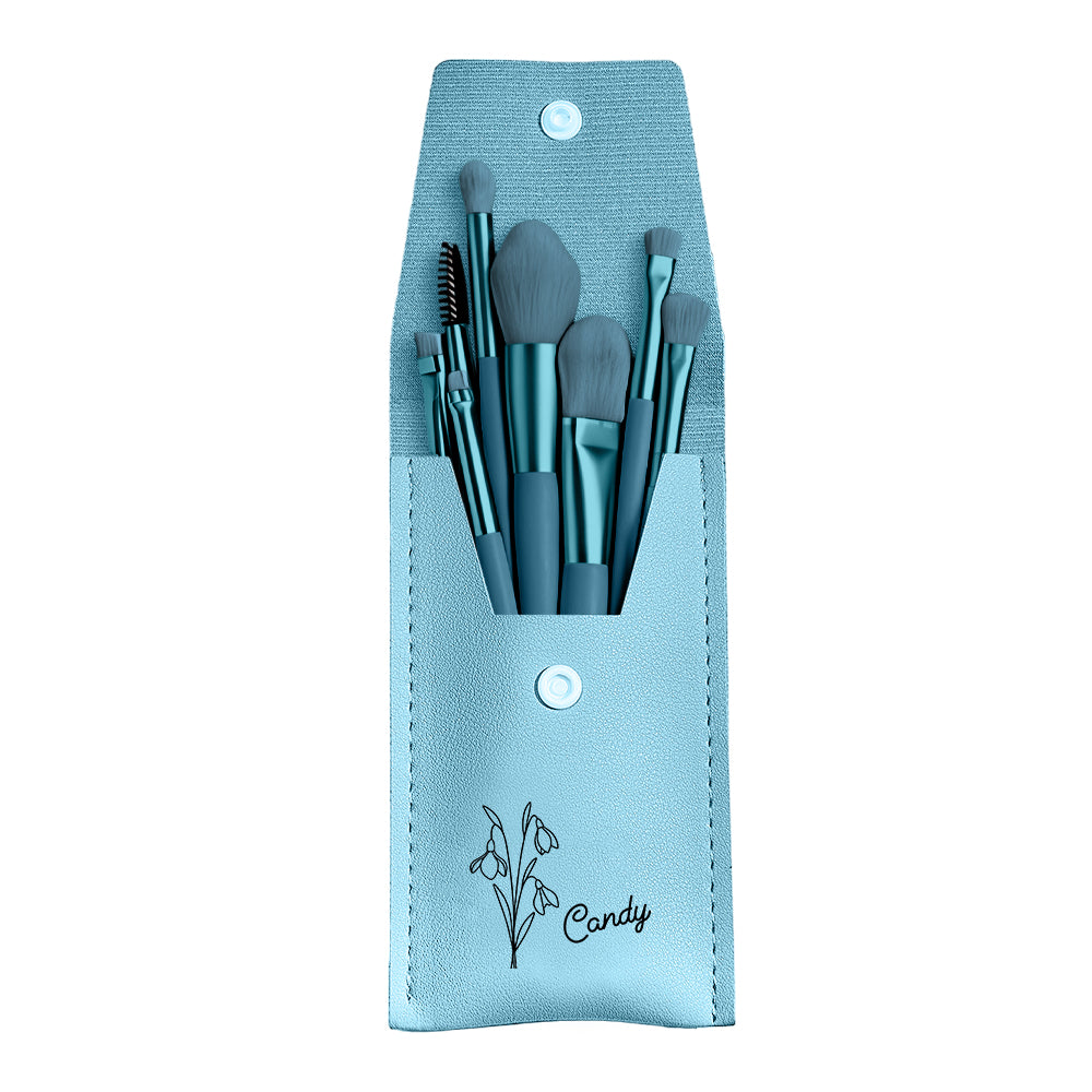 Personalized Birth Flower Leather Makeup Brush Bag with 8 Pcs Makeup Brushes Birthday Gift for Her