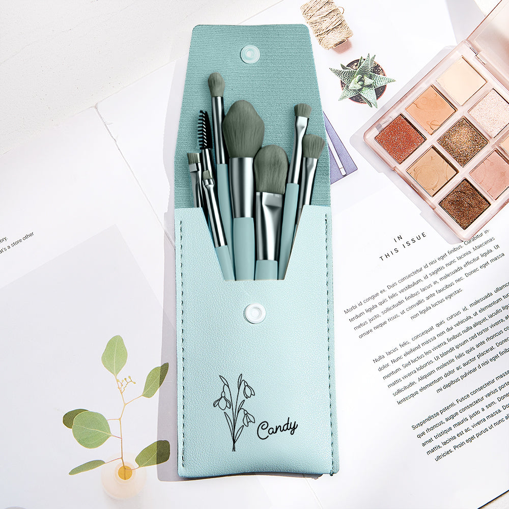 Personalized Birth Flower Leather Makeup Brush Bag with 8 Pcs Makeup Brushes Birthday Gift for Her