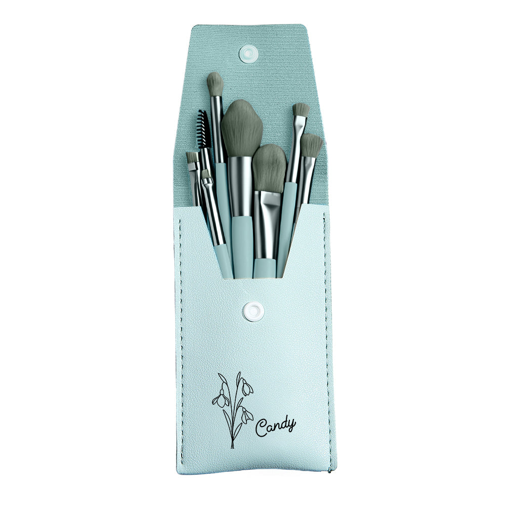 Personalized Birth Flower Leather Makeup Brush Bag with 8 Pcs Makeup Brushes Birthday Gift for Her