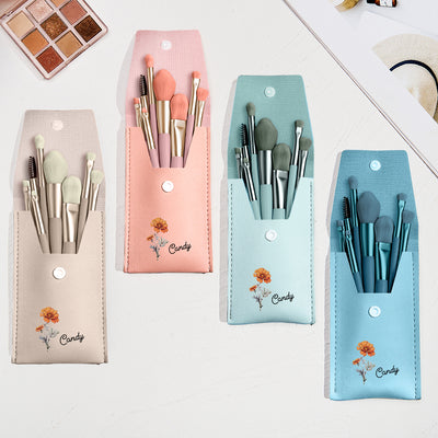 Personalized Birth Flower Leather Makeup Brush Bag with 8 Pcs Makeup Brushes Birthday Wedding Gift