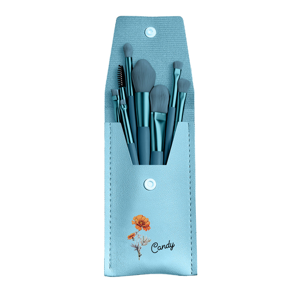 Personalized Birth Flower Leather Makeup Brush Bag with 8 Pcs Makeup Brushes Birthday Wedding Gift