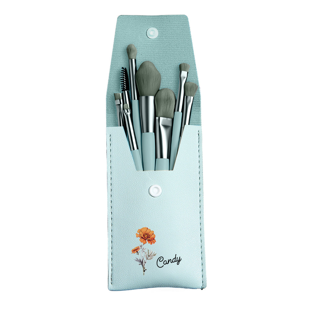 Personalized Birth Flower Leather Makeup Brush Bag with 8 Pcs Makeup Brushes Birthday Wedding Gift