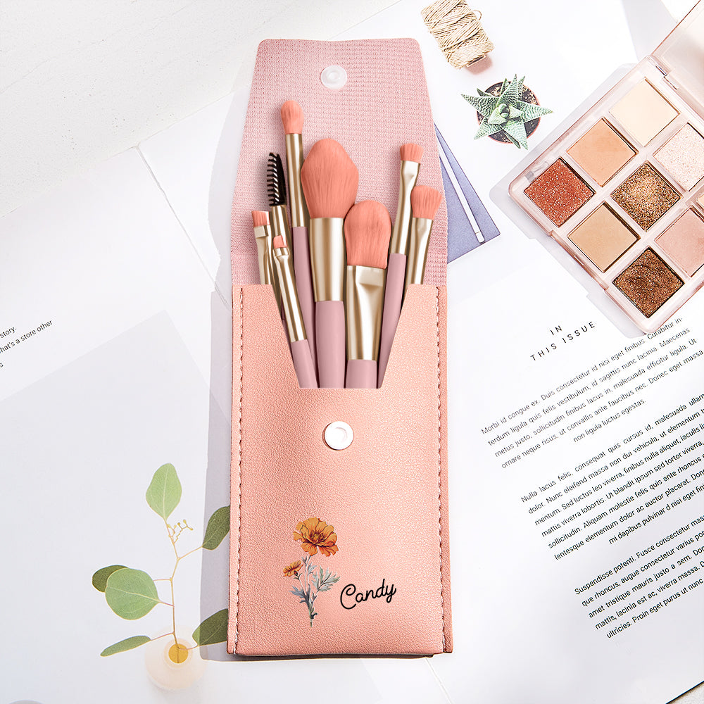 Personalized Birth Flower Leather Makeup Brush Bag with 8 Pcs Makeup Brushes Birthday Wedding Gift