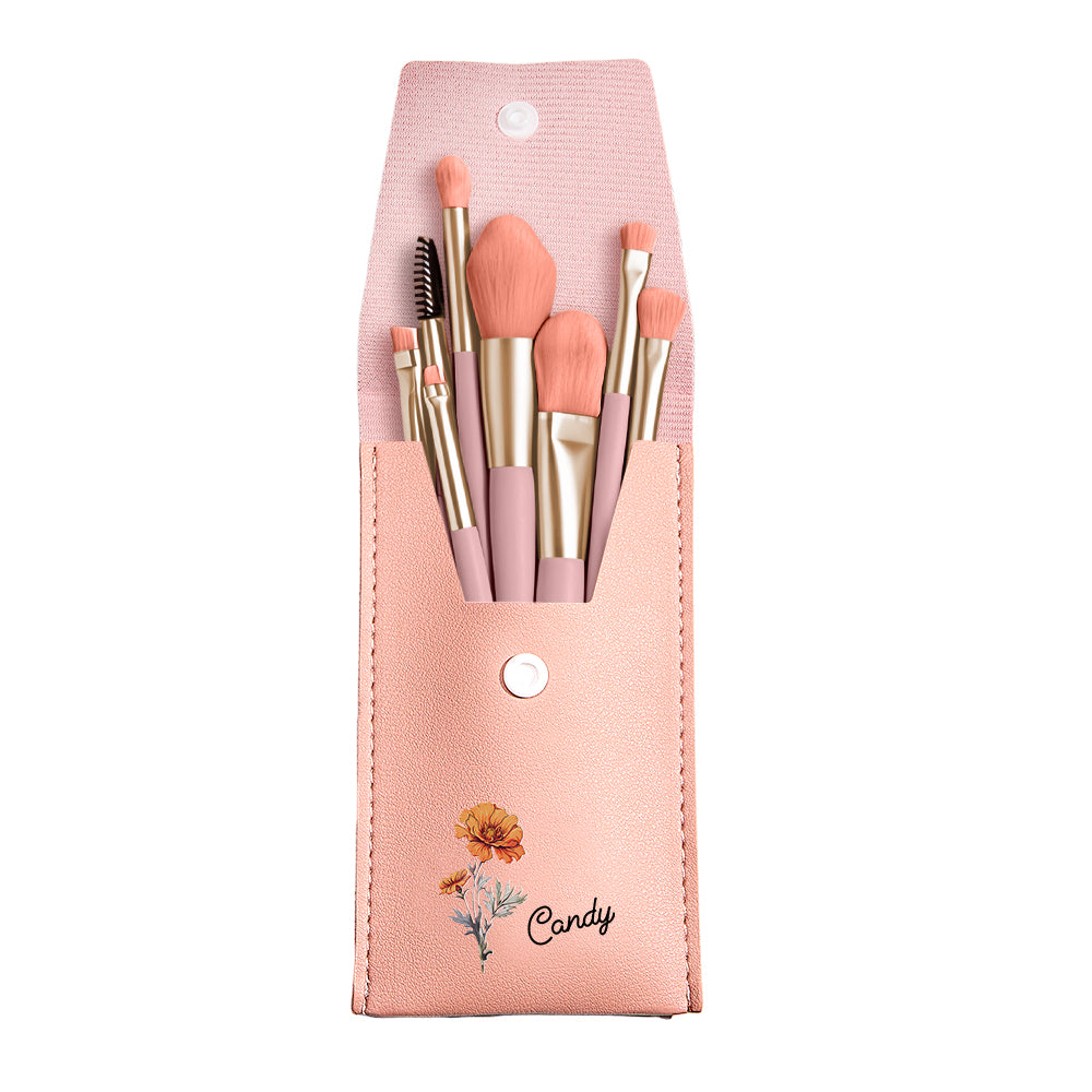 Personalized Birth Flower Leather Makeup Brush Bag with 8 Pcs Makeup Brushes Birthday Wedding Gift