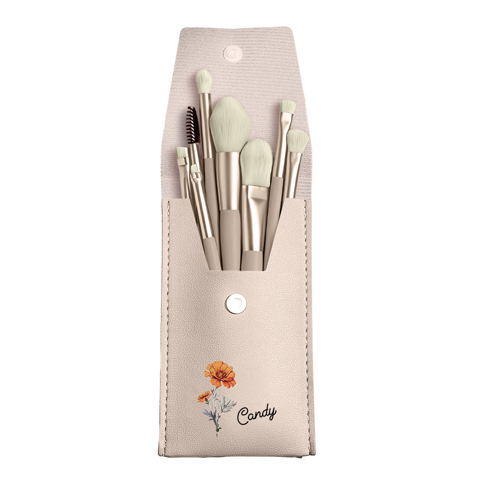 Personalized Birth Flower Leather Makeup Brush Bag with 8 Pcs Makeup Brushes Birthday Wedding Gift