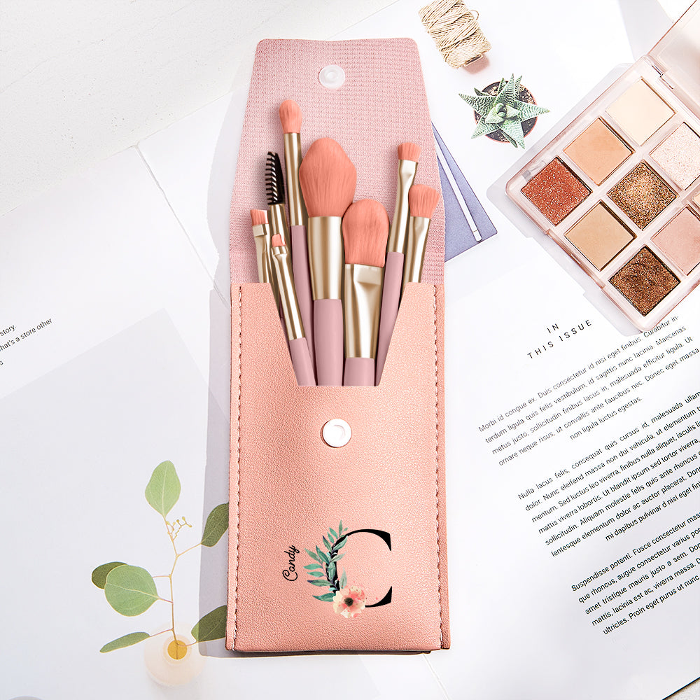 Personalized Flower Leather Makeup Brush Bag with 8 Pcs Makeup Brushes Gift for Her