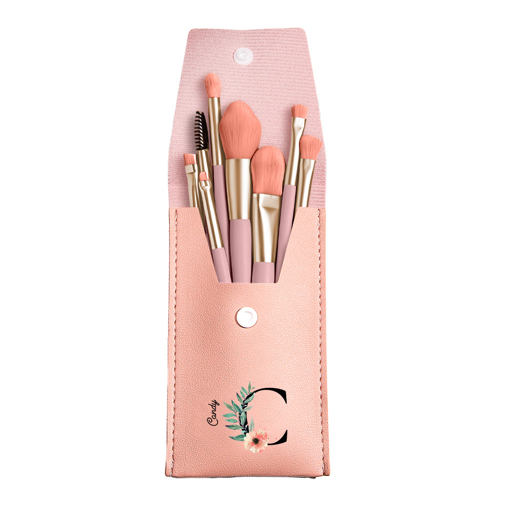 Personalized Flower Leather Makeup Brush Bag with 8 Pcs Makeup Brushes Gift for Her