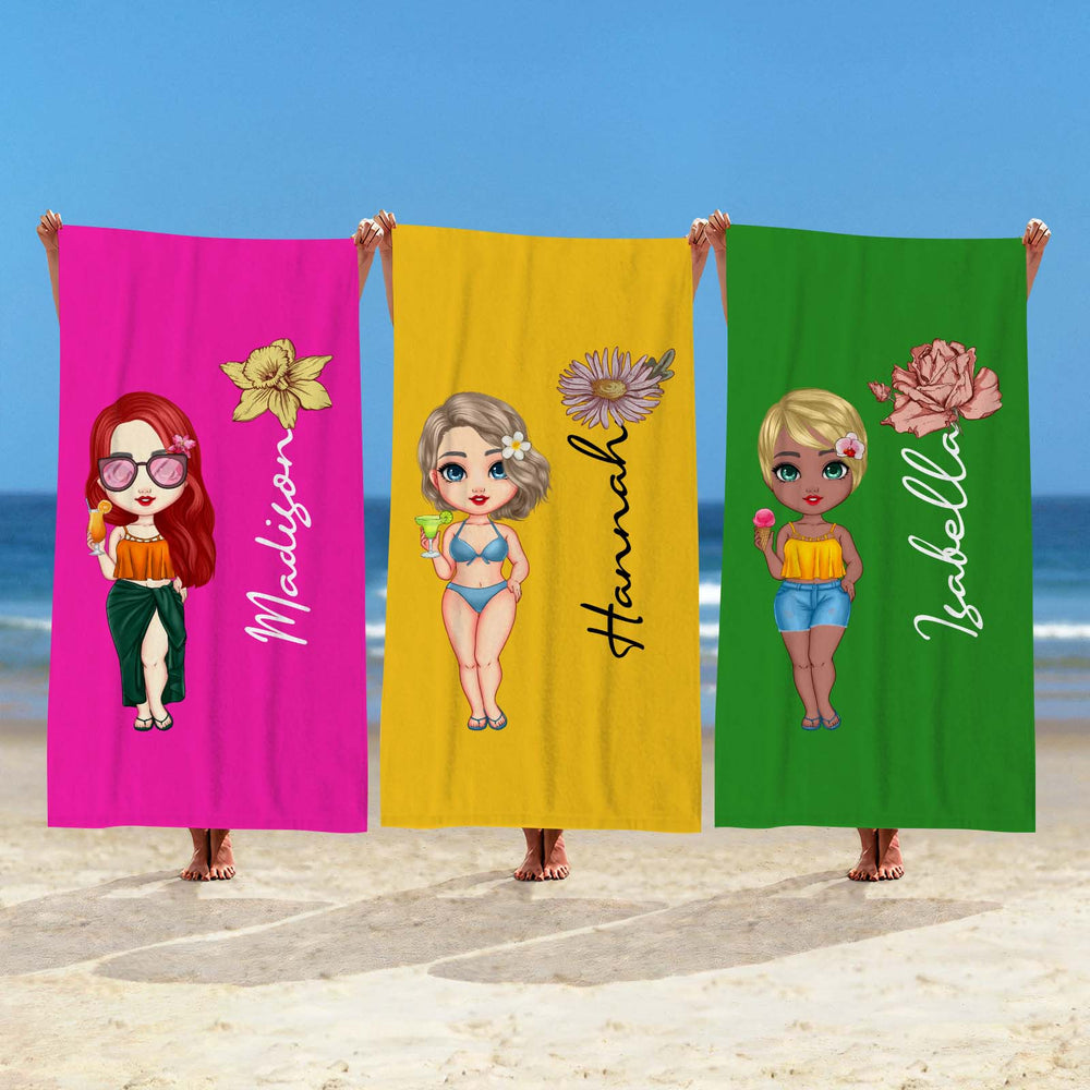 Custom Cartoon Women Girl Birth Flower Multicolor Beach Towel Personalized Name Vacation Beach Towel Gift for Friend