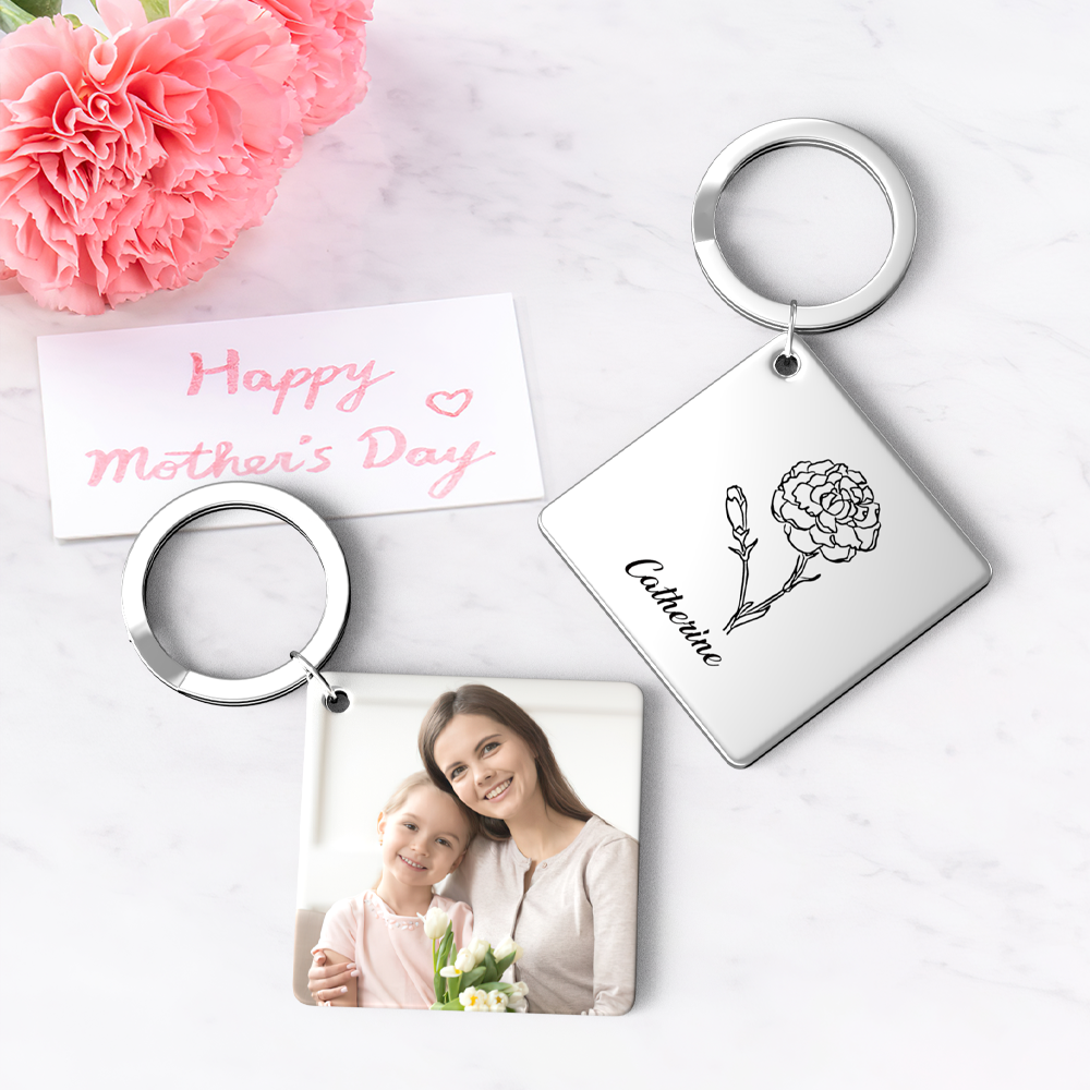 Birthflower Keychain Personalized Bouquet Flower Key Ring Mothers Day Gifts for Mom