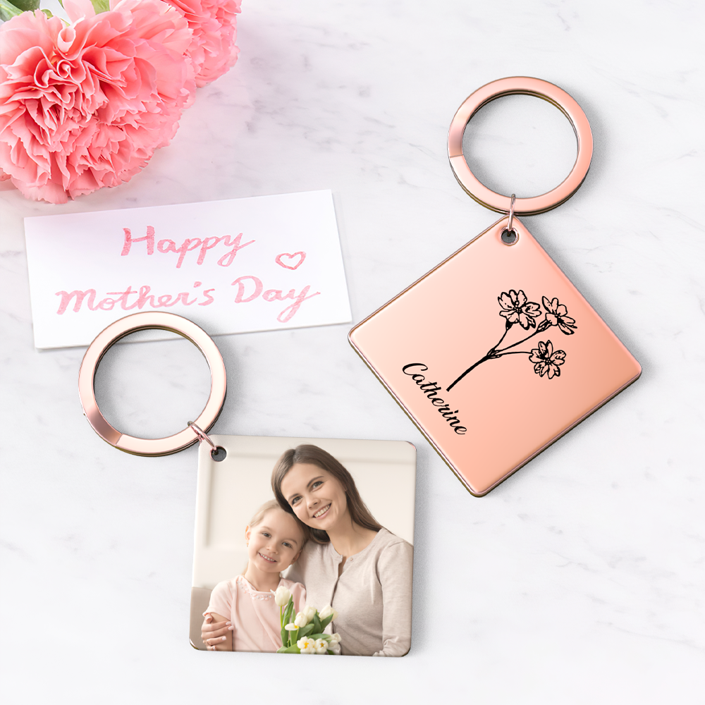 Birthflower Keychain Personalized Bouquet Flower Key Ring Mothers Day Gifts for Mom