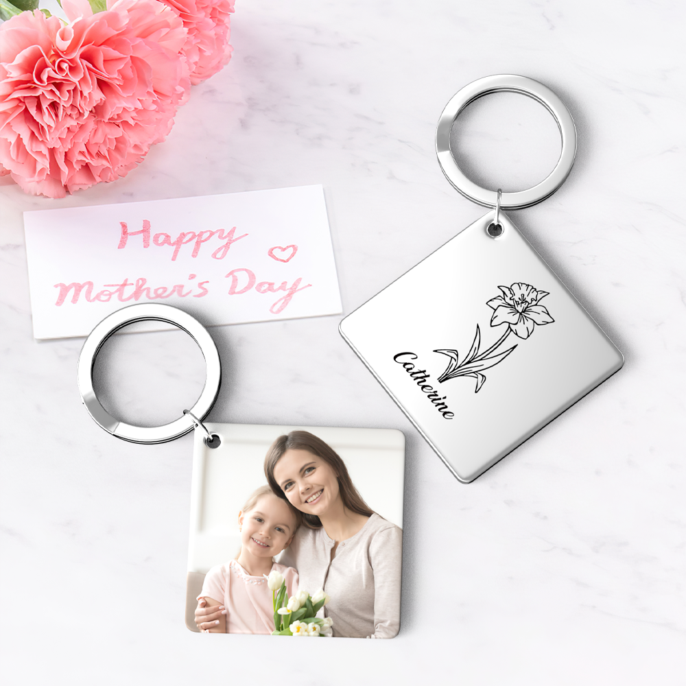 Birthflower Keychain Personalized Bouquet Flower Key Ring Mothers Day Gifts for Mom