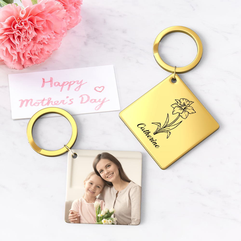 Birthflower Keychain Personalized Bouquet Flower Key Ring Mothers Day Gifts for Mom