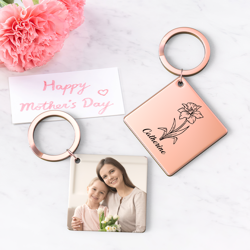 Birthflower Keychain Personalized Bouquet Flower Key Ring Mothers Day Gifts for Mom