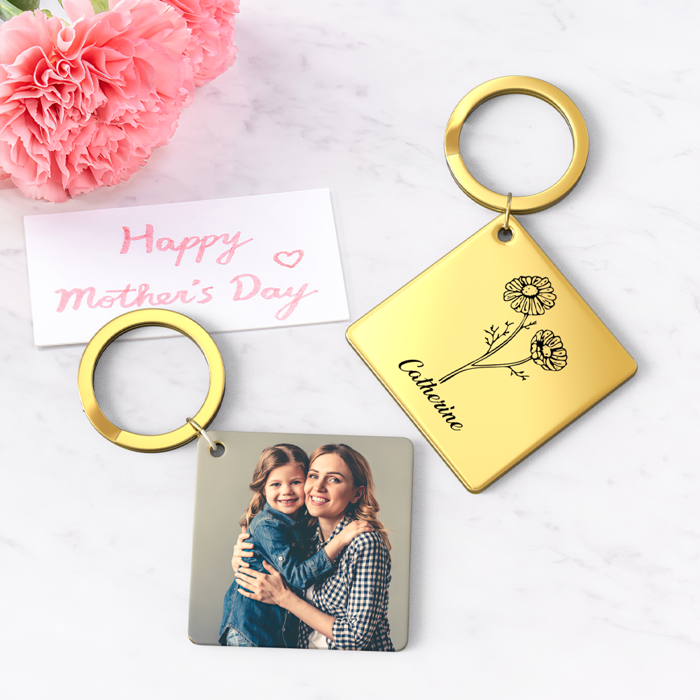 Birthflower Keychain Personalized Bouquet Flower Key Ring Mothers Day Gifts for Mom