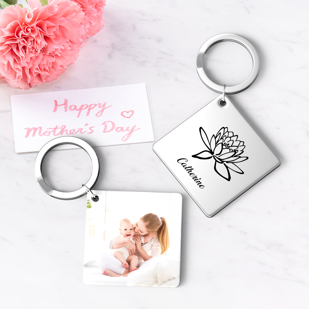 Birthflower Keychain Personalized Bouquet Flower Key Ring Mothers Day Gifts for Mom