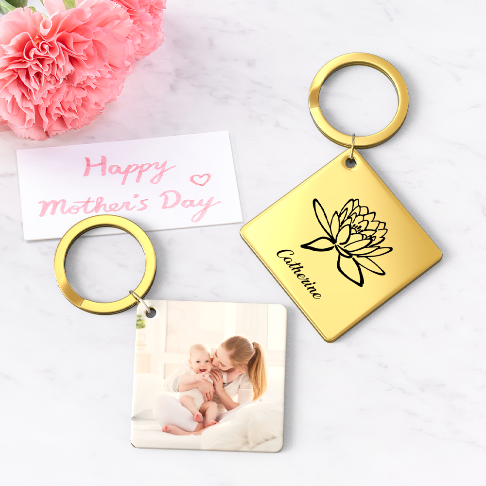 Birthflower Keychain Personalized Bouquet Flower Key Ring Mothers Day Gifts for Mom