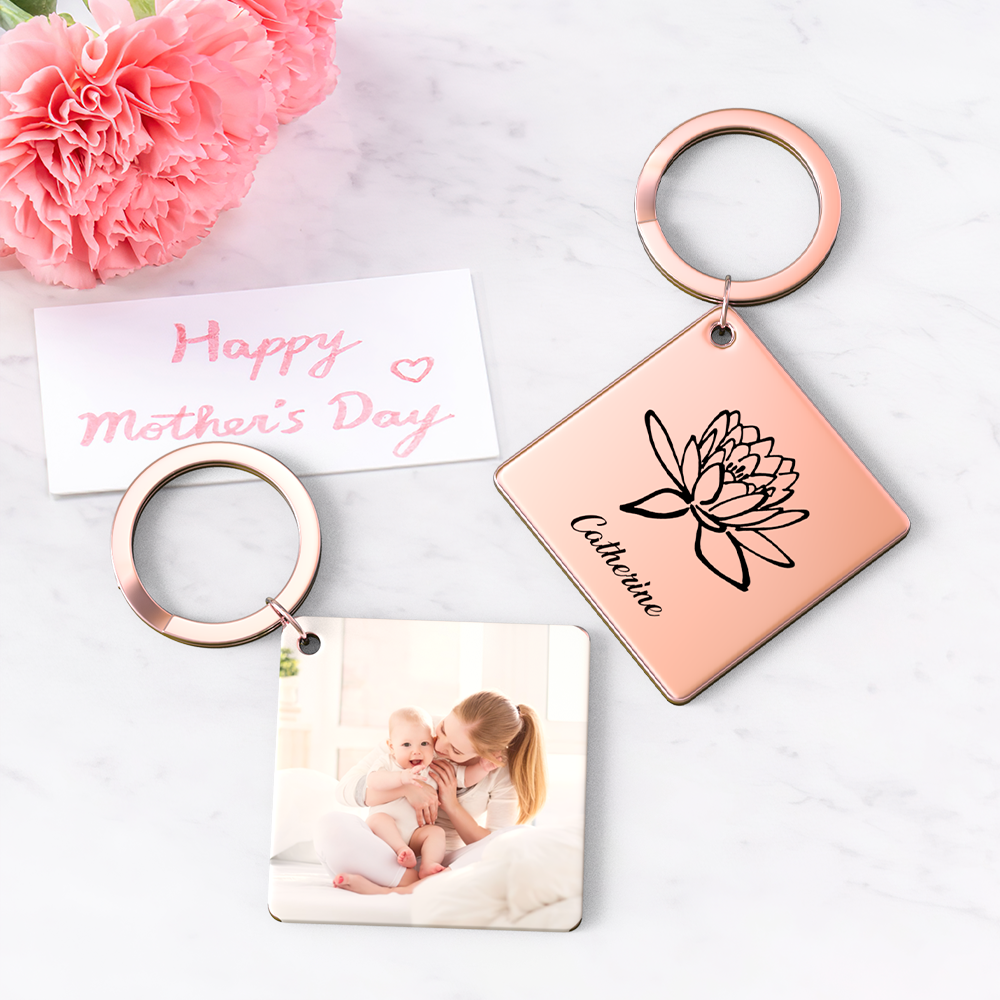 Birthflower Keychain Personalized Bouquet Flower Key Ring Mothers Day Gifts for Mom