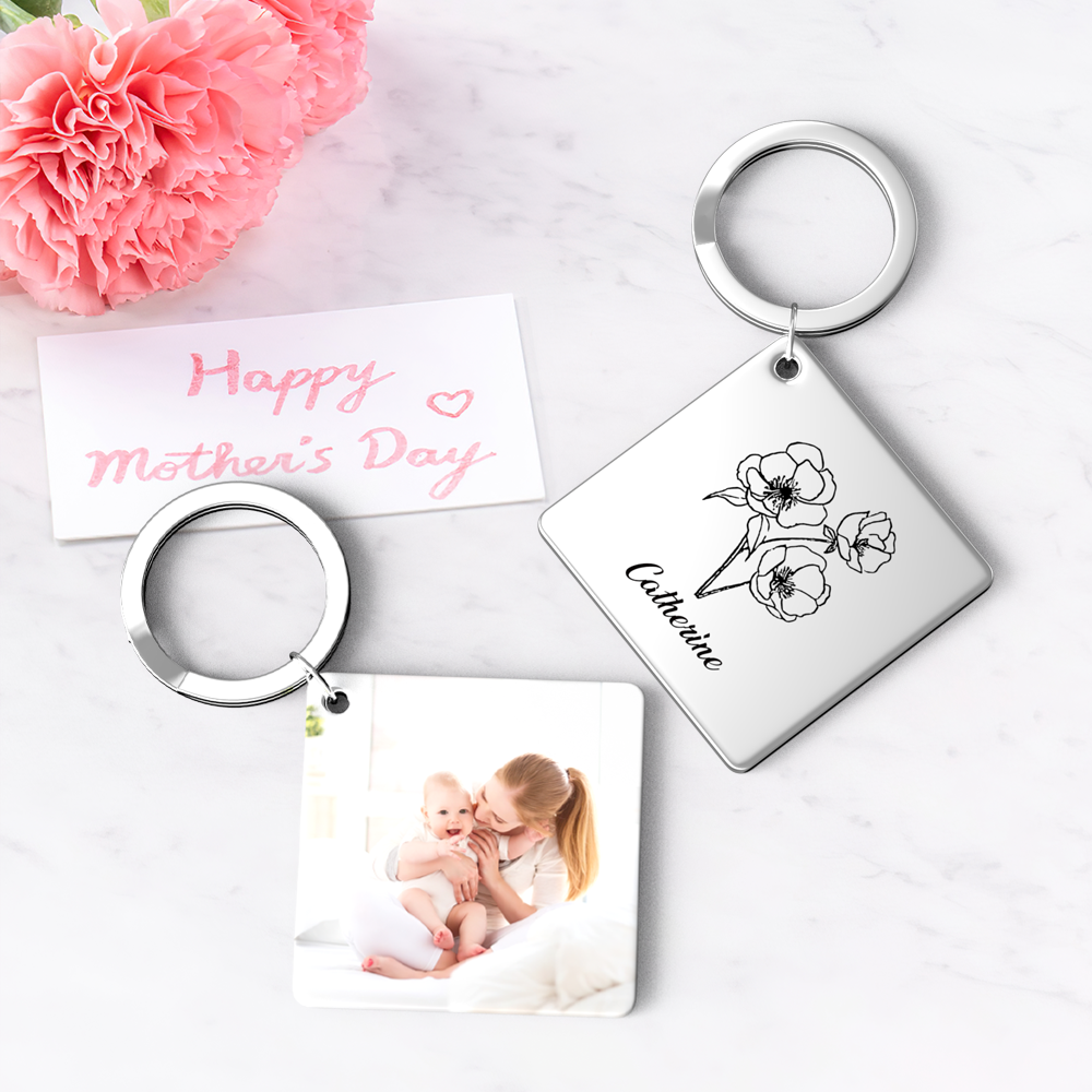 Birthflower Keychain Personalized Bouquet Flower Key Ring Mothers Day Gifts for Mom