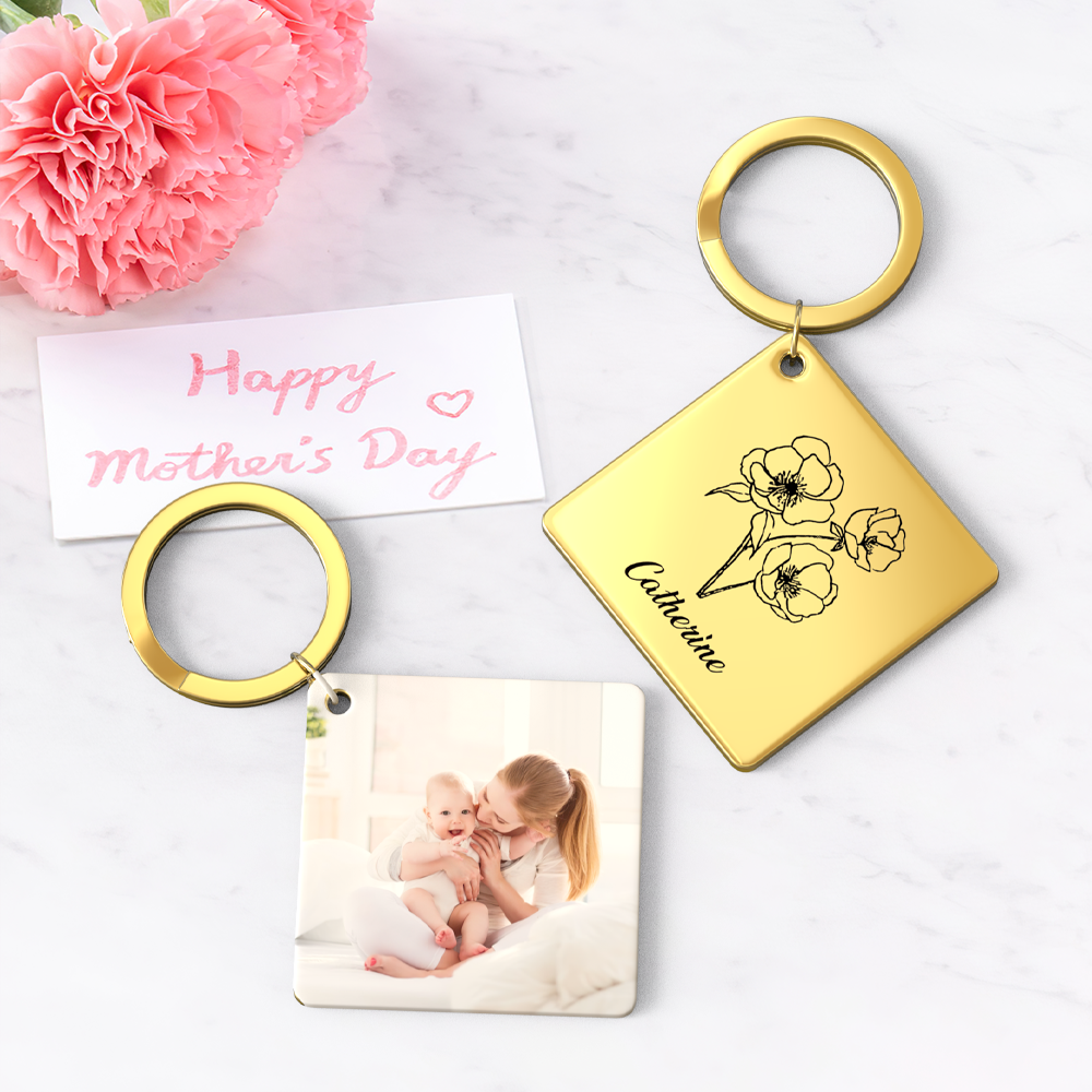 Birthflower Keychain Personalized Bouquet Flower Key Ring Mothers Day Gifts for Mom