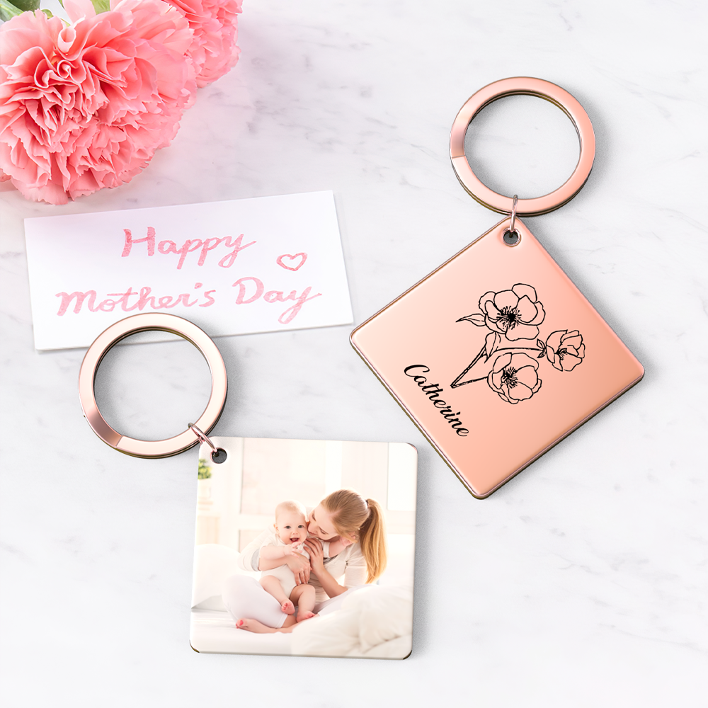 Birthflower Keychain Personalized Bouquet Flower Key Ring Mothers Day Gifts for Mom