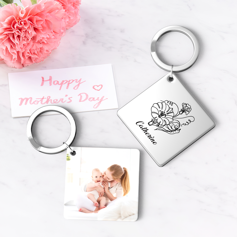 Birthflower Keychain Personalized Bouquet Flower Key Ring Mothers Day Gifts for Mom