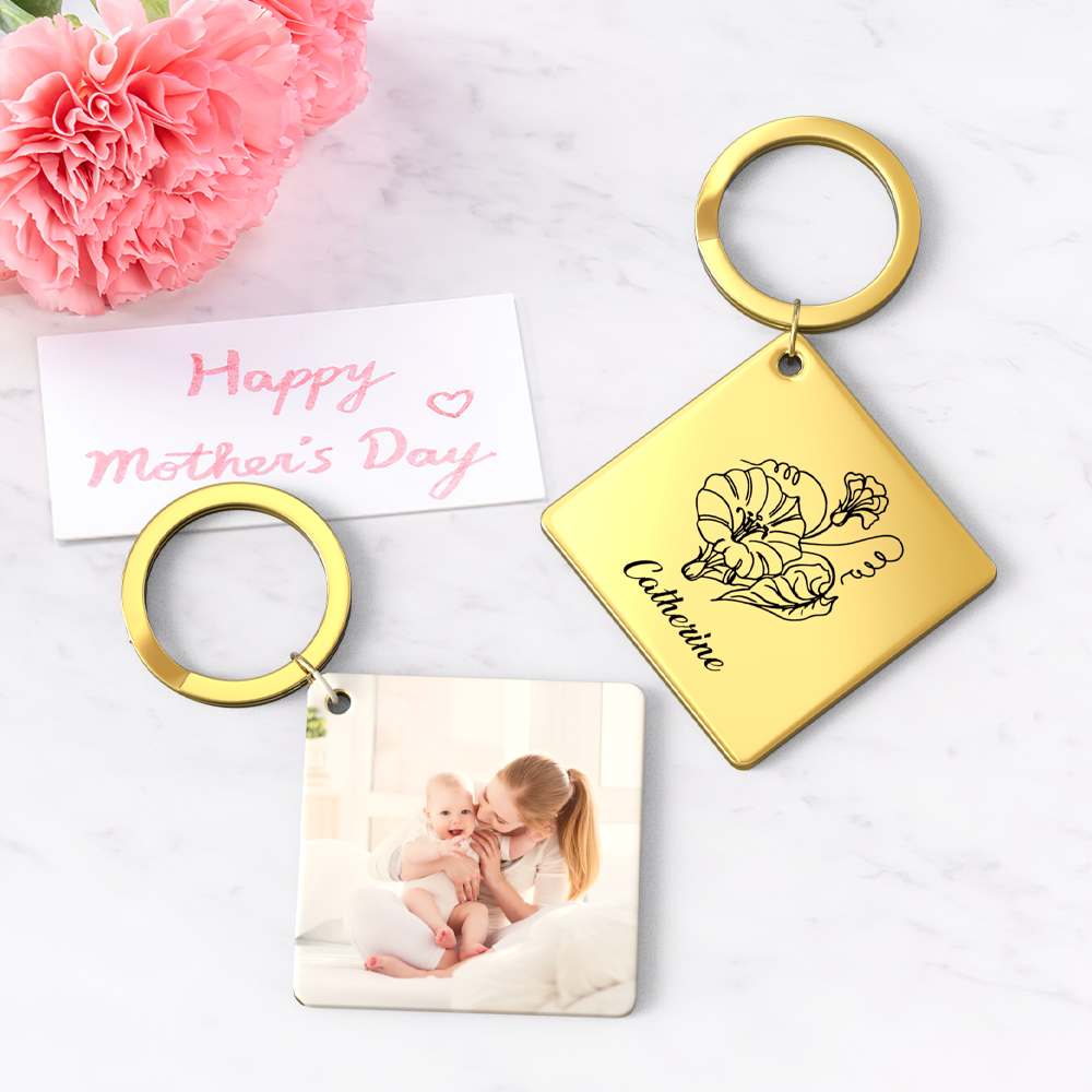 Birthflower Keychain Personalized Bouquet Flower Key Ring Mothers Day Gifts for Mom