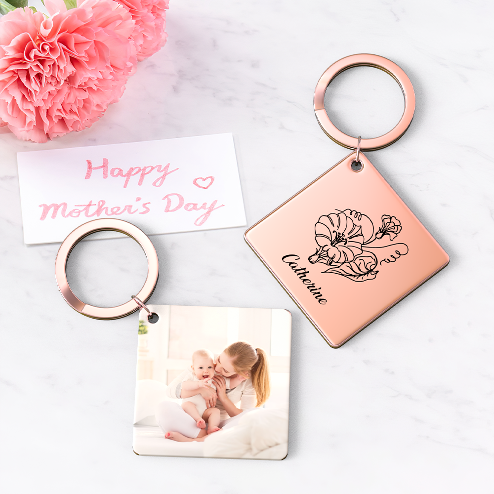 Birthflower Keychain Personalized Bouquet Flower Key Ring Mothers Day Gifts for Mom