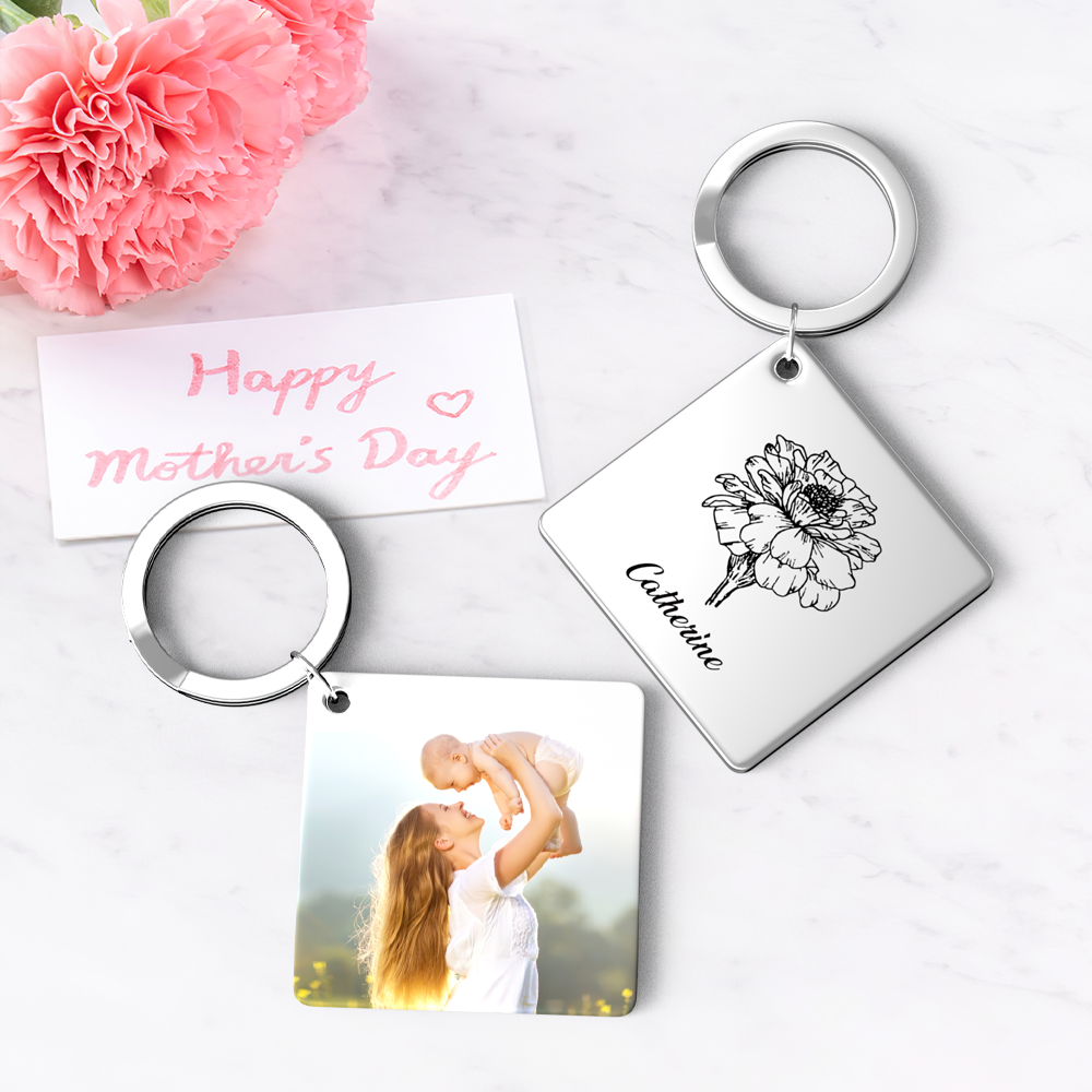 Birthflower Keychain Personalized Bouquet Flower Key Ring Mothers Day Gifts for Mom