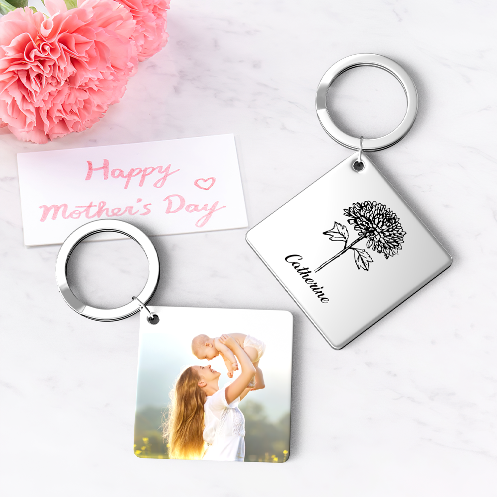 Birthflower Keychain Personalized Bouquet Flower Key Ring Mothers Day Gifts for Mom