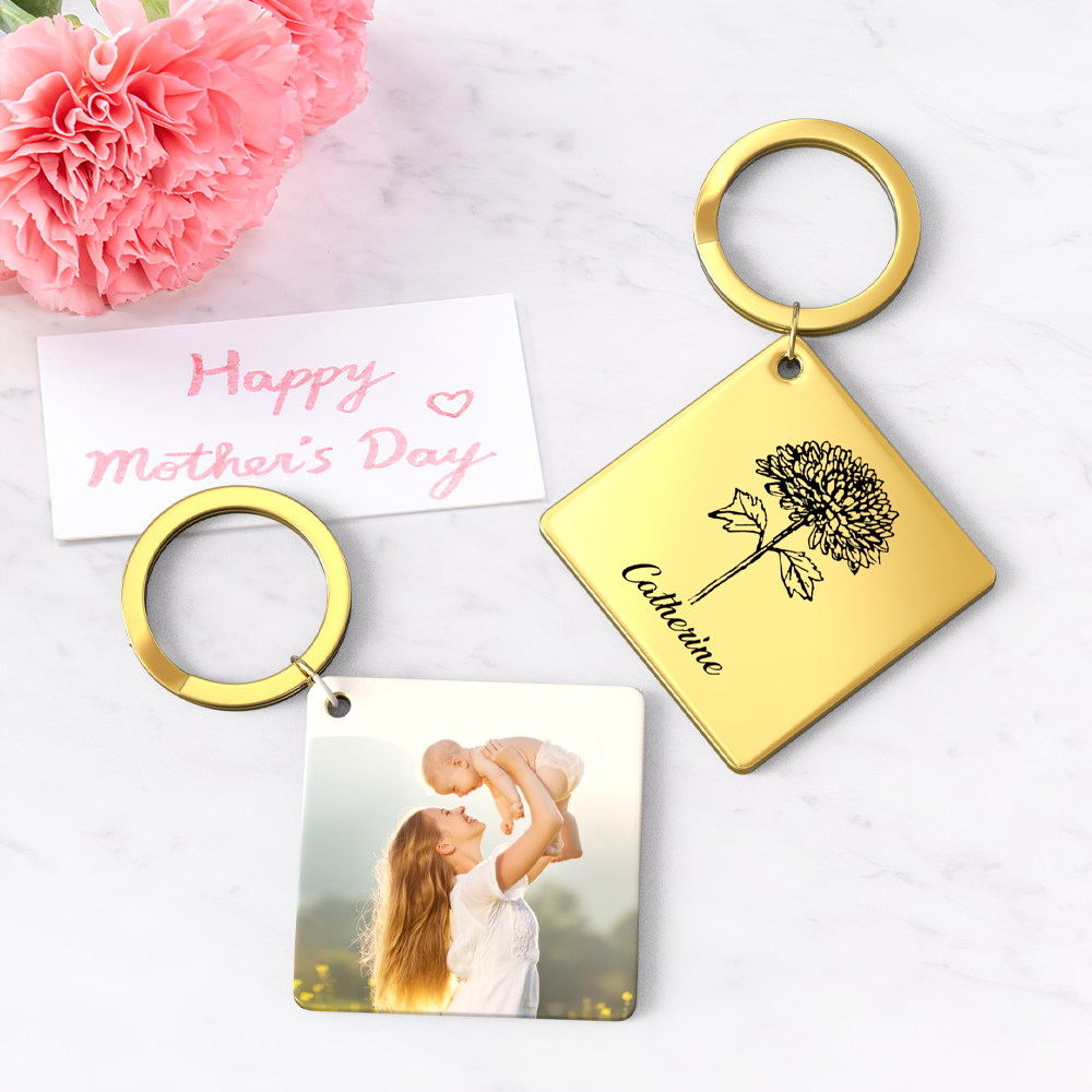 Birthflower Keychain Personalized Bouquet Flower Key Ring Mothers Day Gifts for Mom