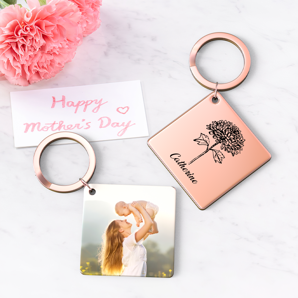 Birthflower Keychain Personalized Bouquet Flower Key Ring Mothers Day Gifts for Mom