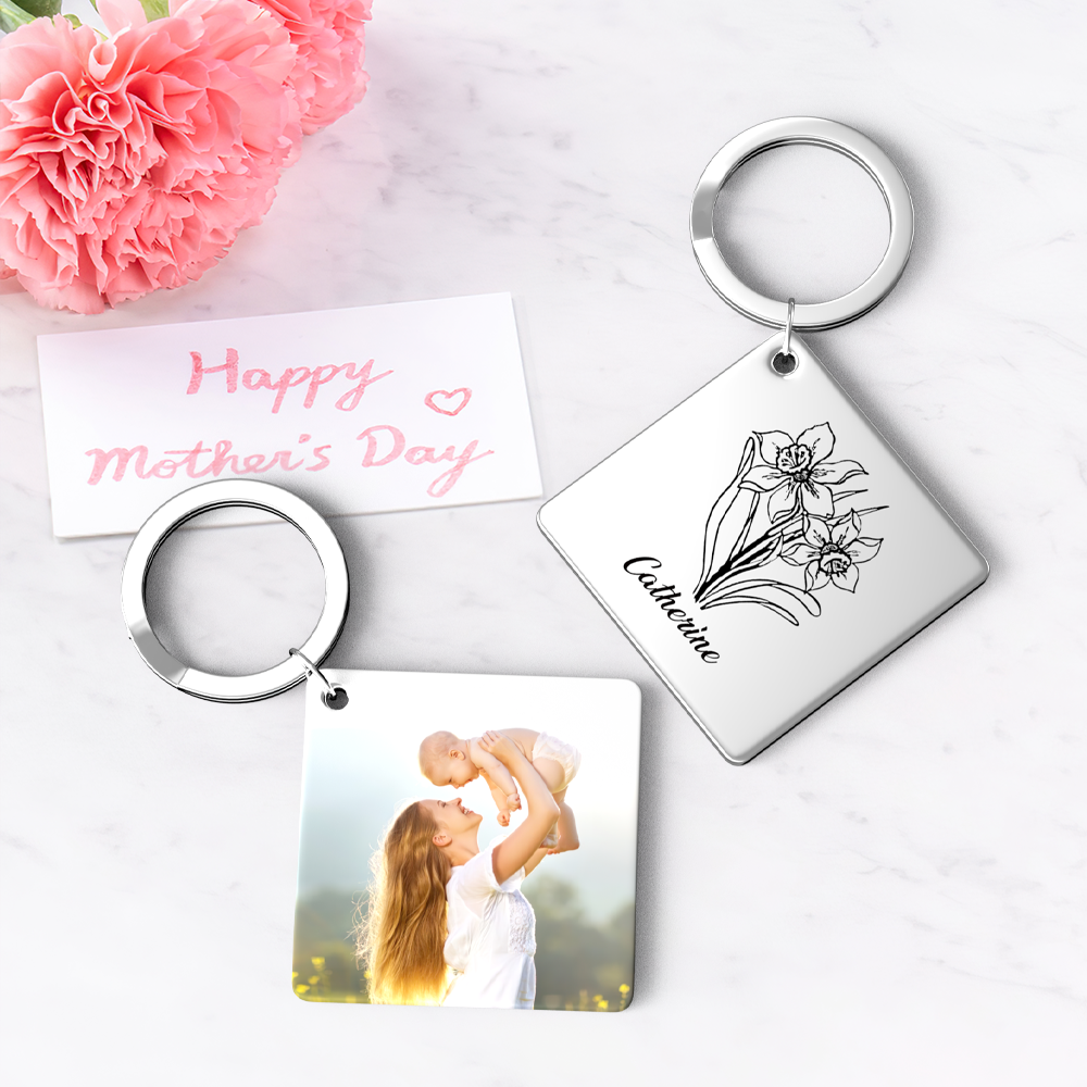 Birthflower Keychain Personalized Bouquet Flower Key Ring Mothers Day Gifts for Mom