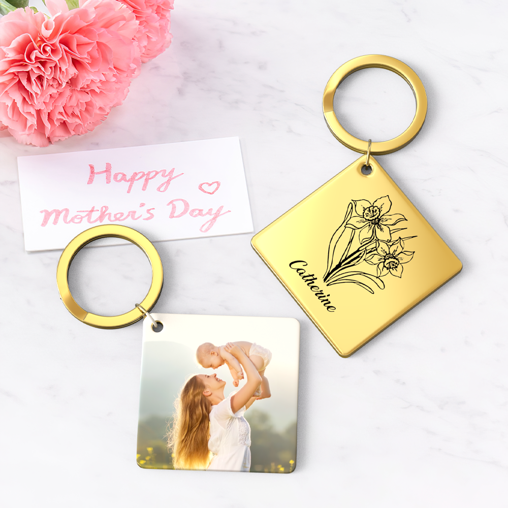 Birthflower Keychain Personalized Bouquet Flower Key Ring Mothers Day Gifts for Mom