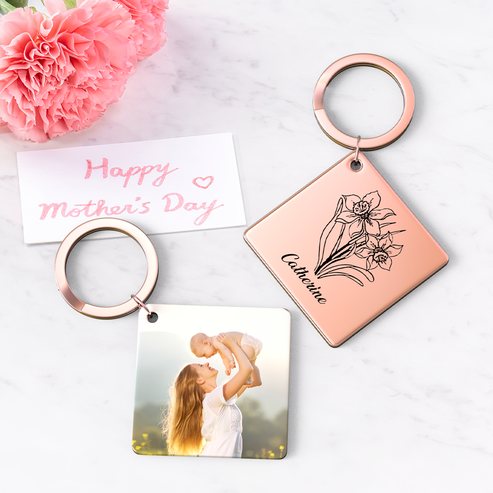 Birthflower Keychain Personalized Bouquet Flower Key Ring Mothers Day Gifts for Mom