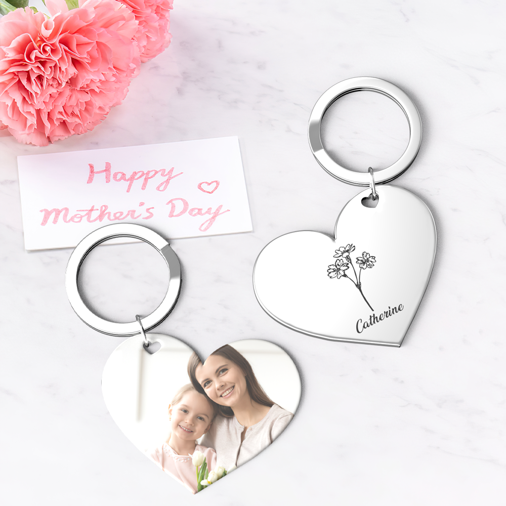 Birth Flower Keychain Custom Photo Keychain Mothers Day Gifts for Mom