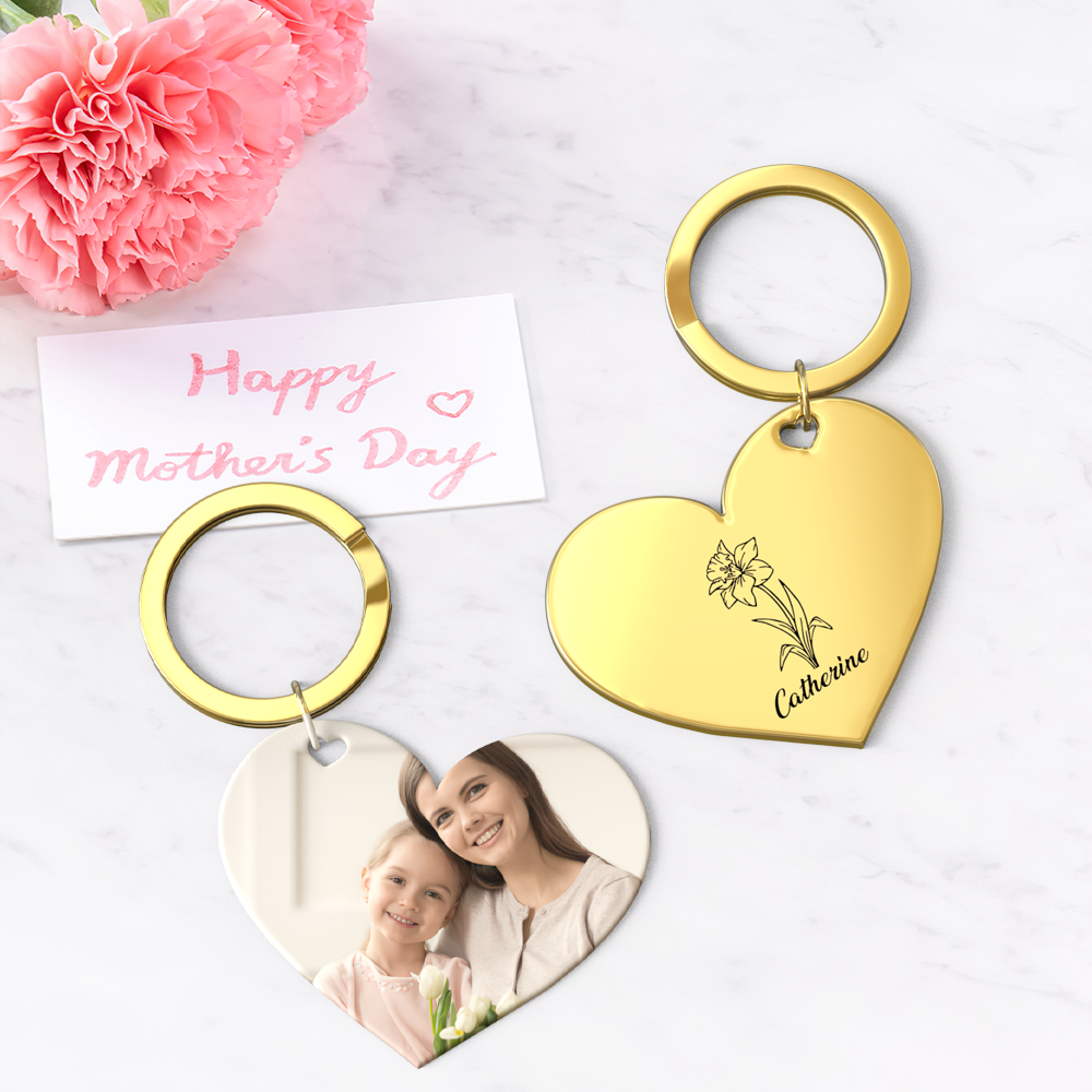 Birth Flower Keychain Custom Photo Keychain Mothers Day Gifts for Mom