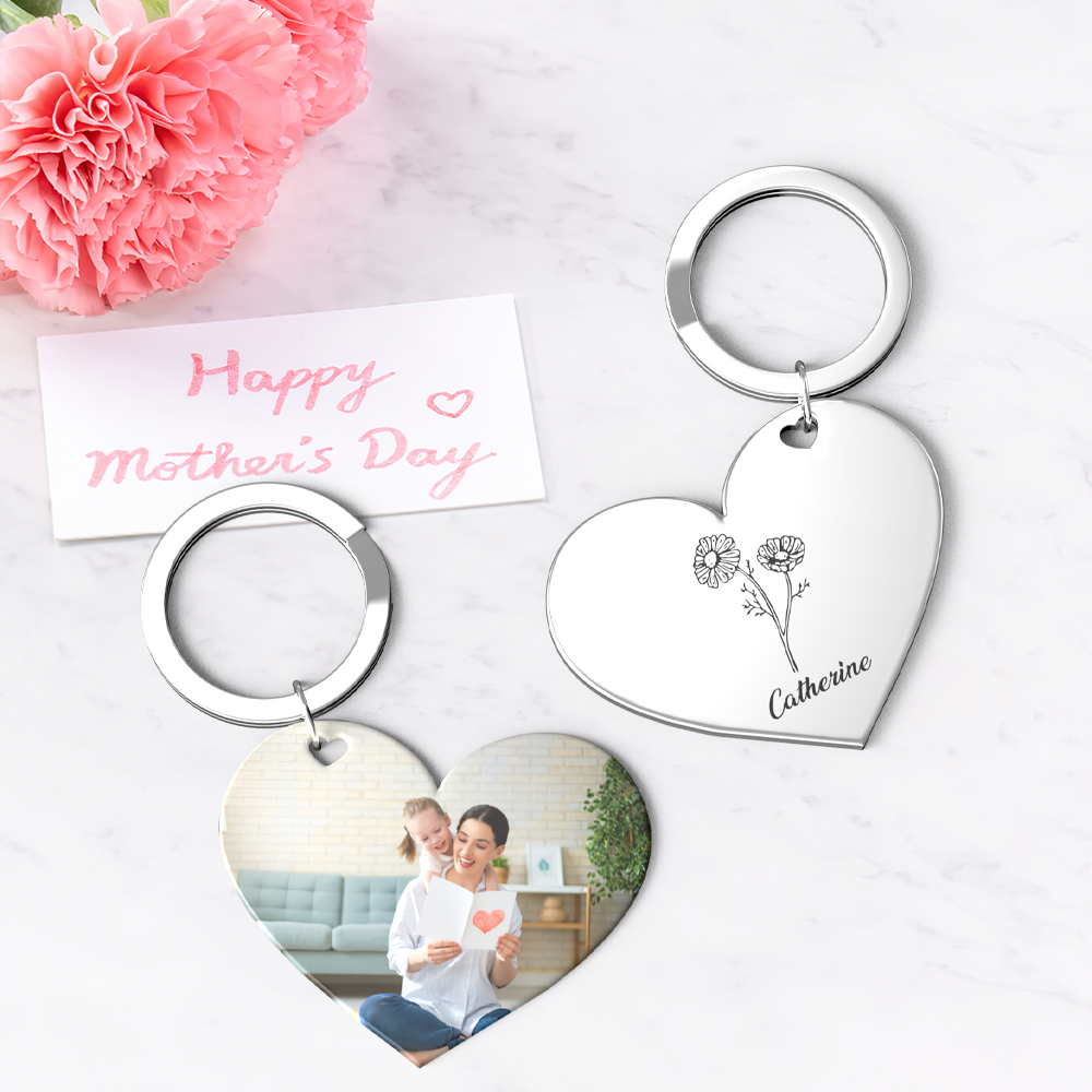 Birth Flower Keychain Custom Photo Keychain Mothers Day Gifts for Mom