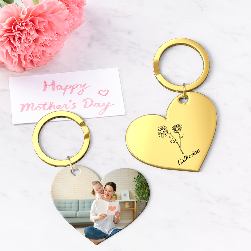 Birth Flower Keychain Custom Photo Keychain Mothers Day Gifts for Mom