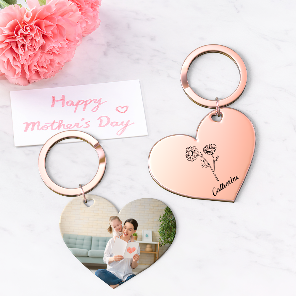 Birth Flower Keychain Custom Photo Keychain Mothers Day Gifts for Mom