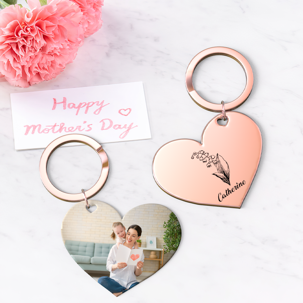 Birth Flower Keychain Custom Photo Keychain Mothers Day Gifts for Mom